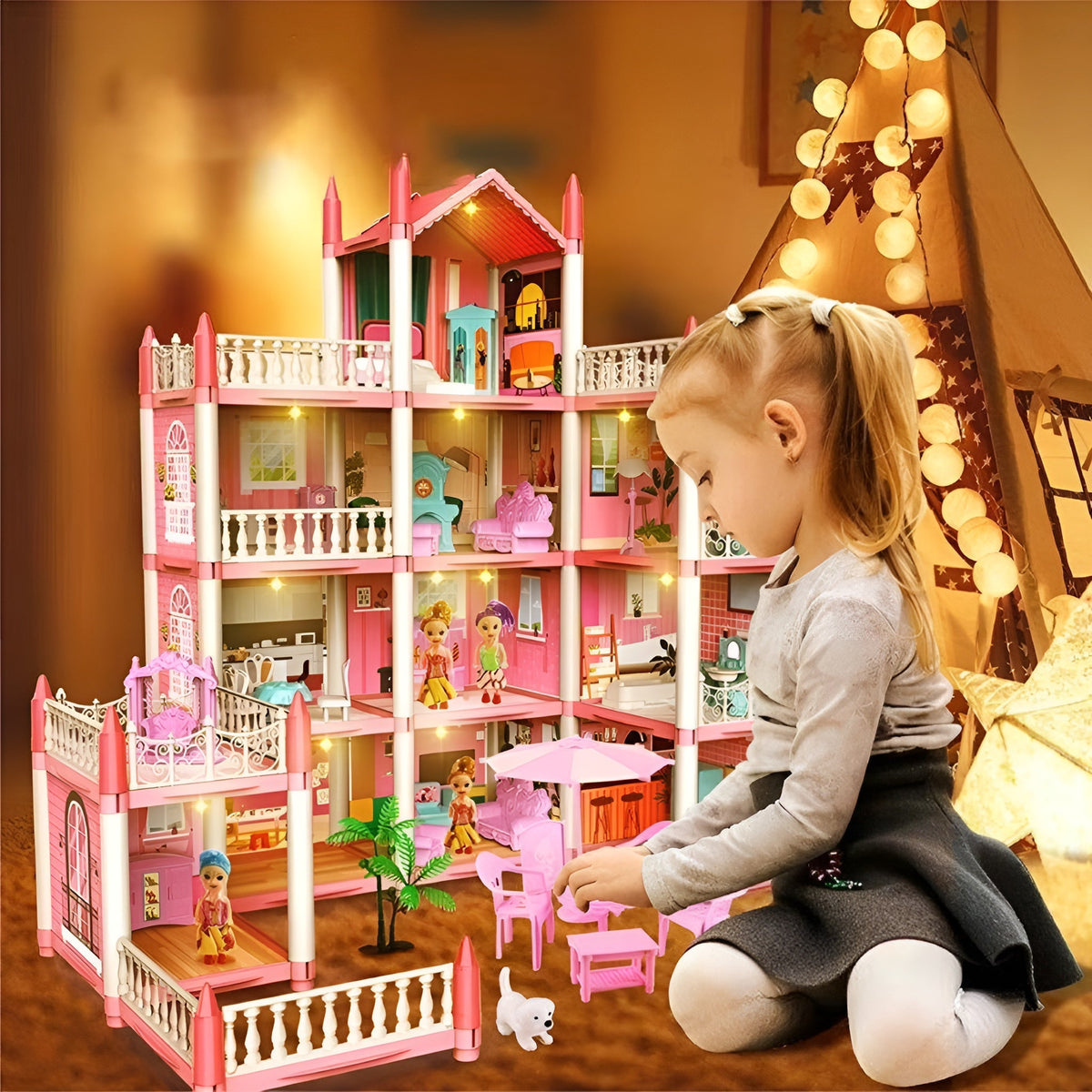 Mini Tudou Maison De Poupée 3 Pièces Avec Lumières, Tapis Et Poupée – Dès 3 Ans