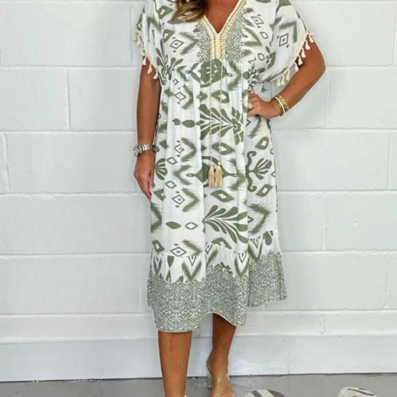 Icone™PrintedDress: Imprimé Col En V Manches A Franges Robe Décontractée