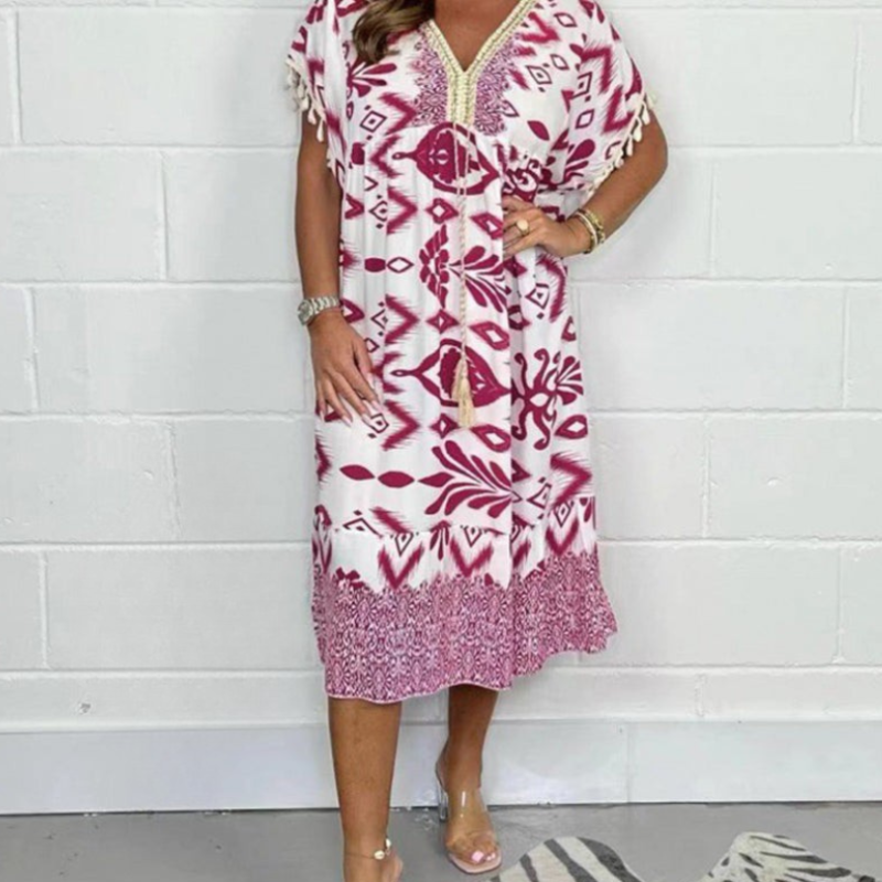Icone™PrintedDress: Imprimé Col En V Manches A Franges Robe Décontractée