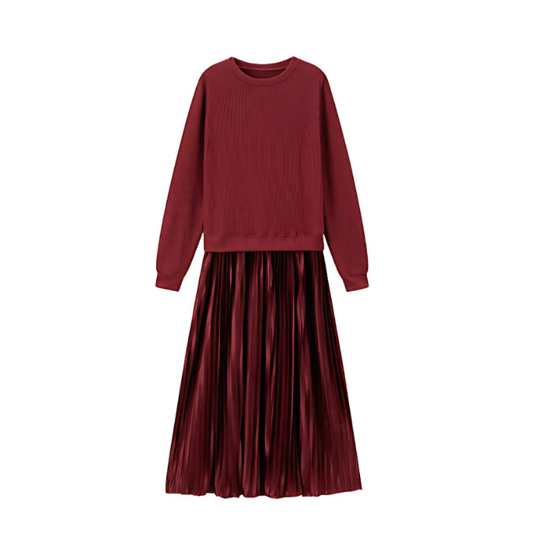 Icone™ PleatedDress: Haut À Manches Longues Avec Jupe Plissée Élégante Robe