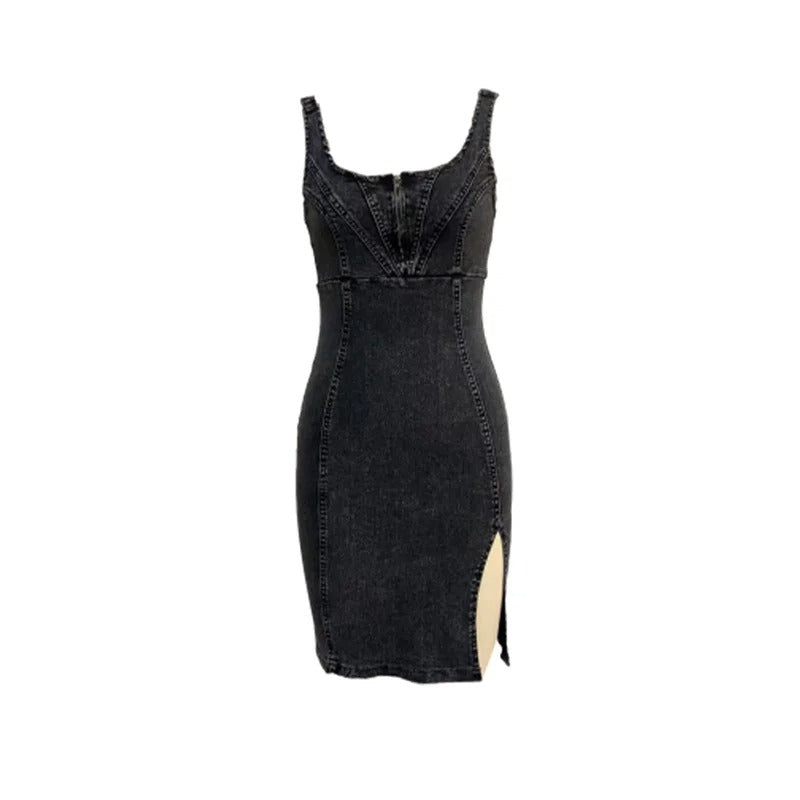 Icone™ DenimDress: Robe Ajustée En Denim Avec Fente Et Bretelles Réglables