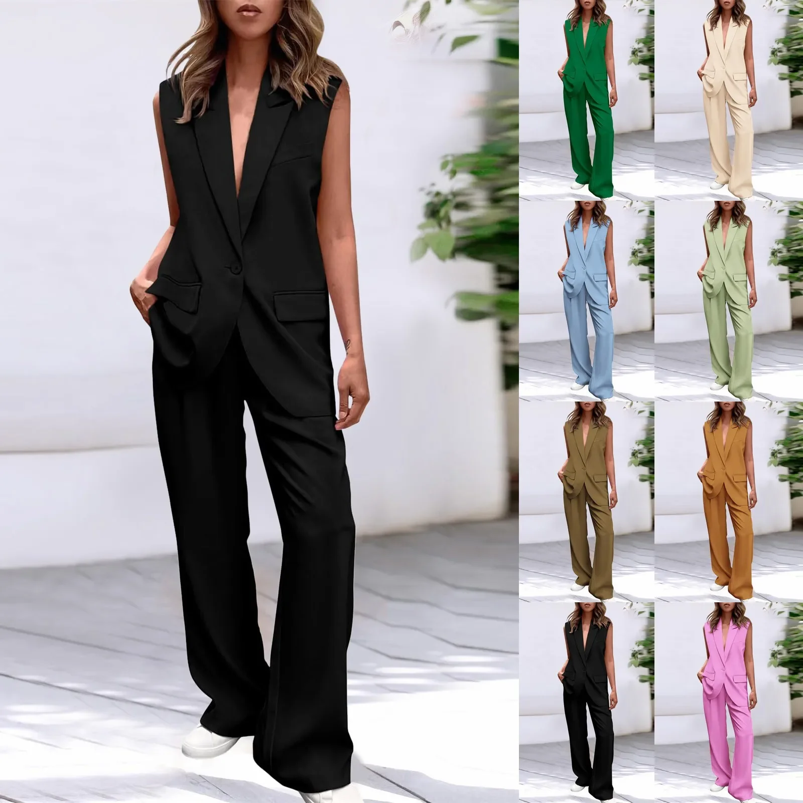 Icone™ BlazerSet: Ensemble Blazer Et Pantalon Chic Sans Manches Pour Femme