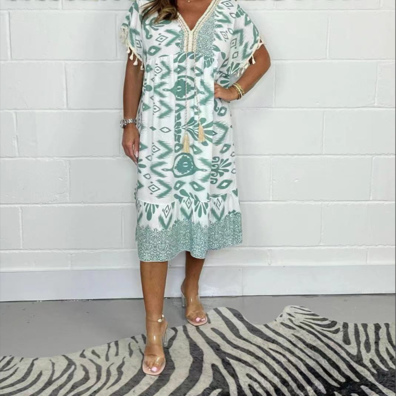 Icone™PrintedDress: Imprimé Col En V Manches A Franges Robe Décontractée