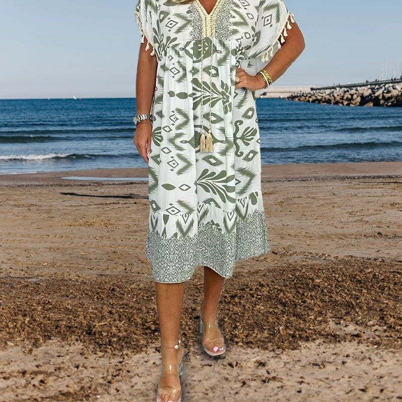 Icone™PrintedDress: Imprimé Col En V Manches A Franges Robe Décontractée