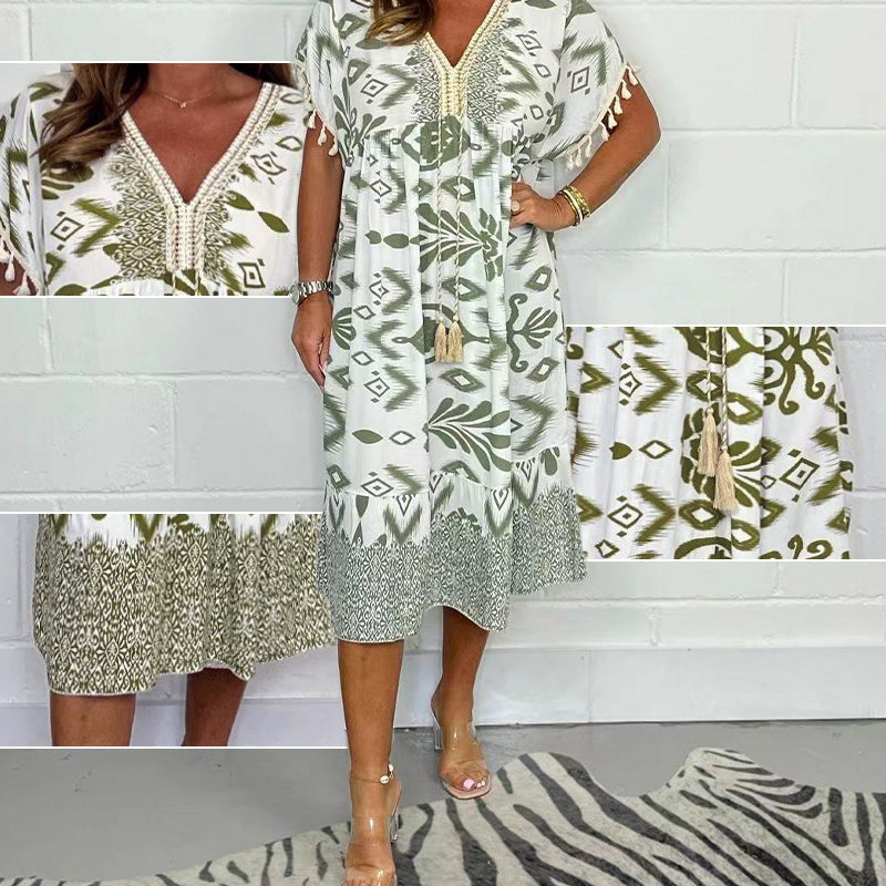 Icone™PrintedDress: Imprimé Col En V Manches A Franges Robe Décontractée
