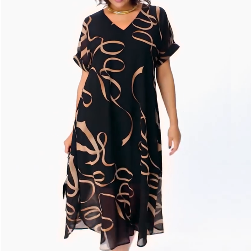 Icone™ FlowyDress: Robe Longue Fluide À Col En V Et Double Épaisseur